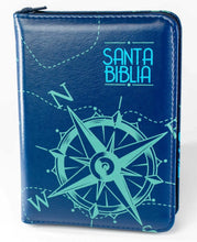 Cargar imagen en el visor de la galería, Biblia Reina Valera 1960 Azul Brújula en Tamaño y Letra Pequeña con Cremallera
